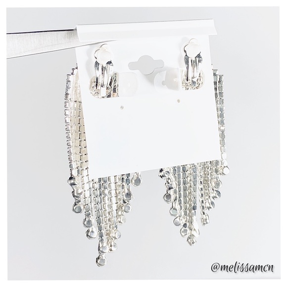 Wide Rhinestone Fringe Clip Formal Statement Earrings - Picture 6 of 6
